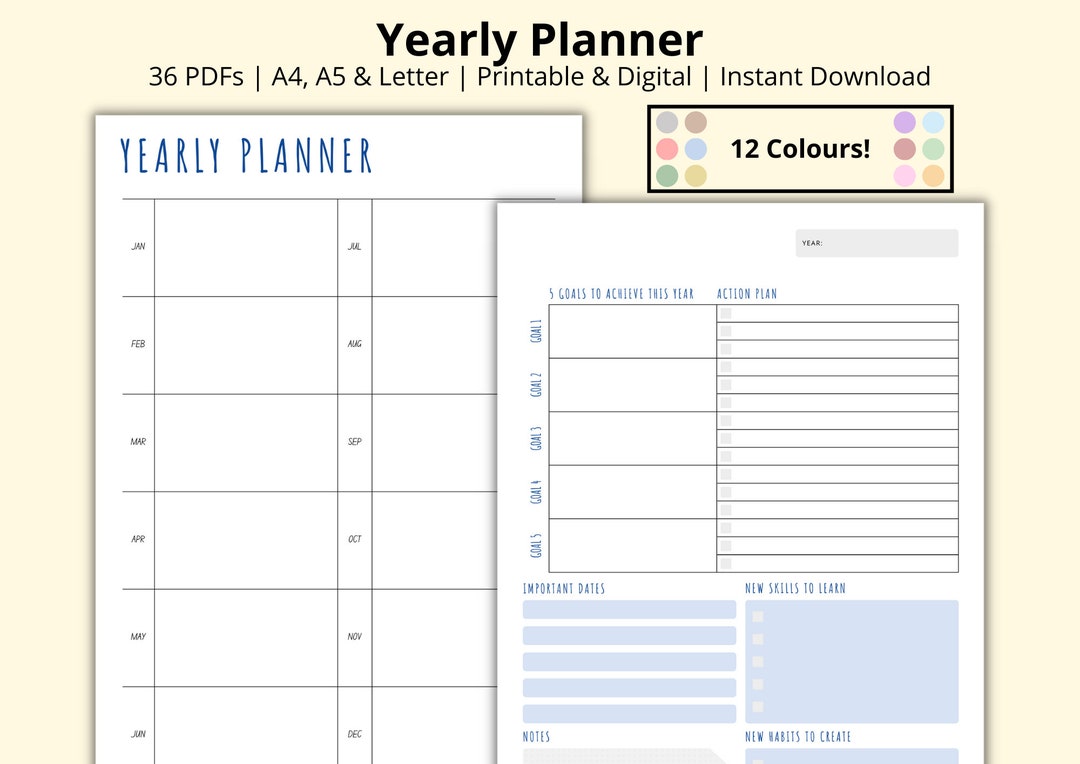 Yearly Planner, Annual Overview, Year at a Glance, Goal Planner, 12 ...