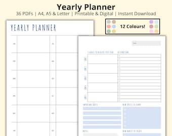 Yearly Planner, Annual Overview, Year at a Glance, Goal Planner, 12 Month Planner PDF, Productivity Planner, Printable/Digital, A4/A5/Letter
