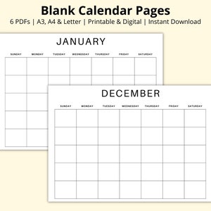 Páginas de calendario en blanco, mes de un vistazo, planificador de 12 meses sin fecha, plantilla de calendario PDF, planificador mensual, imprimible/digital, A3/A4/carta