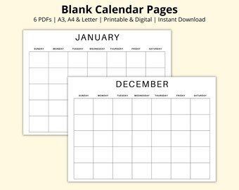 Blank Calendar Pages, Month at a Glance, Undated 12 Month Planner, Calendar Template PDF, Monthly Planner, Printable/Digital, A3/A4/Letter