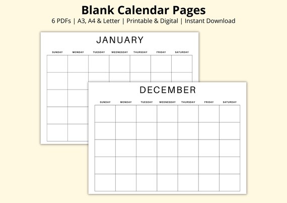 Blank Calendar Pages, Month at a Glance, Undated 12 Month Planner, Calendar  Template PDF, Monthly Planner, Printable/digital, A3/a4/letter - Etsy