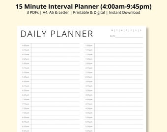 Peut inclure: Un agenda quotidien noir et blanc avec un horaire de 15 minutes de 4h00 du matin à 21h45. L'agenda a un espace pour la date et le jour de la semaine.