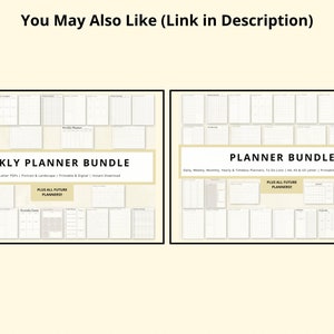 May include: Two images showing different planner bundles. The left image shows a weekly planner bundle with the text "Weekly Planner Bundle" and "Plus All Future Planners". The right image shows a planner bundle with the text "Planner Bundle" and "Plus All Future Planners".