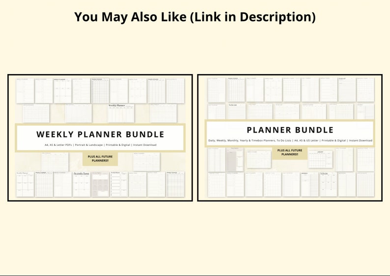 May include: Two images showing different planner bundles. The left image shows a weekly planner bundle with the text "Weekly Planner Bundle" and "Plus All Future Planners". The right image shows a planner bundle with the text "Planner Bundle" and "Plus All Future Planners".