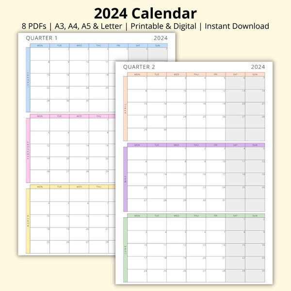 Calendrier 2024, 3 mois par page, agenda trimestriel, 12 pages de calendrier, aperçu du mois, PDF imprimable/numérique, A3/A4/A5/Lettre