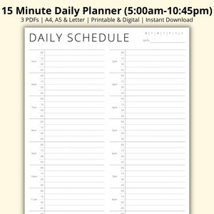 Planificador diario de 15 minutos, Organizador de citas, Resumen diario, Plantilla de planificador de bloques de tiempo, Horario diario, Planificador de productividad, A4/A5/Carta
