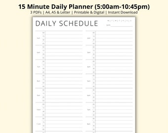 Planificador diario de 15 minutos, organizador de citas, resumen diario, plantilla de planificador de bloques de tiempo, horario diario, planificador de productividad, A4/A5/Carta