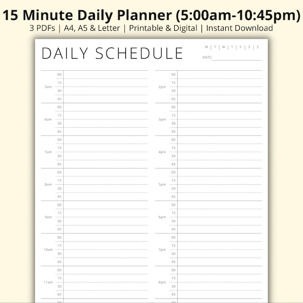 15 Minute Daily Planner, Appointment Organiser, Daily Overview, Time Block Planner Template, Day Schedule, Productivity Planner,A4/A5/Letter