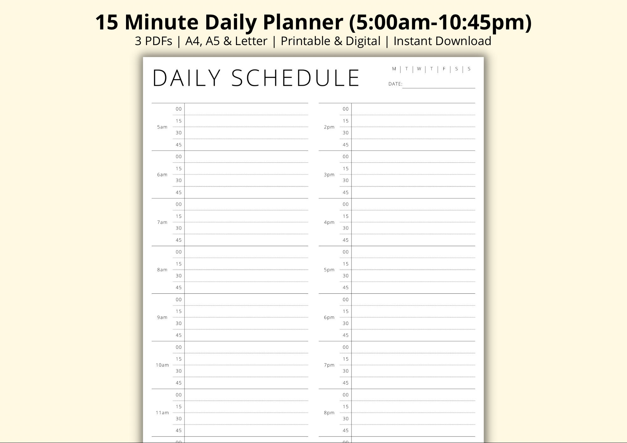 15 Minute Daily Planner, Appointment Organiser, Daily Overview, Time Block Planner  Template, Day Schedule, Productivity Planner,a4/a5/letter 