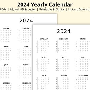 2024 Jahreskalender, 2024 Kalender-Download, Jahr auf einen Blick, PDF, Jahr auf einer Seite, Wand/Tischplaner, druckbar/digital, A3/A4/A5/Letter