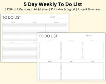 Weekly To Do List, 5 Day Tasks List, Mon-Fri Checklist, Weekly Planner PDF, Tasks Dump, Productivity Planner, Printable/Digital, A4/Letter