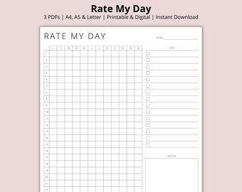 Bewerten Sie meinen Tag, Bewertung, A Jahr in Pixel, PDF, Stimmungstracker, Emotionstracker, leeres Trackerraster, bedruckbar/digital, A4/A5/Letter