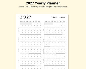 2027 Yearly Planner, Year at a Glance, Annual Planner, 12 Month Calendar, Yearly Overview, Wall/Desk Calendar, Office Planner, A3/A4/Letter