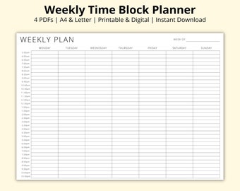 Weekly Time Block Planner, 7 Day Plan, 30 Minute Increments, Week at a Glance, Revision/Study Timetable Sheet, Printable/Digital, A4/Letter