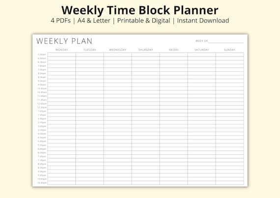 Weekly Time Block Planner, 7 Day Plan, 30 Minute Increments, Week at a  Glance, Revision/study Timetable Sheet, Printable/digital, A4/letter - Etsy