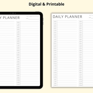 Puede incluir: Un planificador diario digital e imprimible en blanco y negro con dos columnas para la planificaci&oacute;n. El planificador tiene un dise&ntilde;o sencillo con un encabezado que dice "Daily Planner".