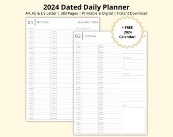 2024 Daily Planner, Dated Yearly Calendar, 2024 Calendar Pages, 15 Minute Planner, Time Blocking PDF, Printable/Digital Diary, A4/A5/Letter