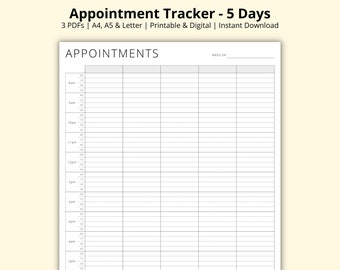 Appointment Tracker, 15 Minute Planner, 5 Day Weekly Schedule, Appointment Sheet, Appointment Diary PDF, Printable/Digital, A4/A5/Letter