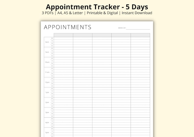 Appointment Tracker, 15 Minute Planner, 5 Day Weekly Schedule, Appointment Sheet, Appointment Diary PDF, Printable/Digital, A4/A5/Letter image 1