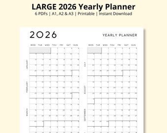 LARGE 2026 Yearly Planner, Year at a Glance, Annual Planner, 12 Month Calendar, Yearly Overview, Wall Calendar, Office Planner, A1/A2/A3