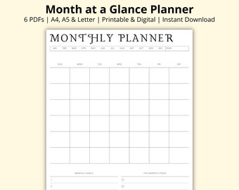 Month at a Glance, Monthly Planner, Blank Monthly Calendar Template, Monthly Overview, 12 Month Planner, Printable/Digital, A4/A5/Letter