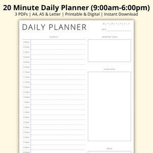20 Minute Daily Planner, Time Blocking Schedule Template, Hourly Planner, Tasks List, Productivity Planner, Printable/Digital, A4/A5/Letter