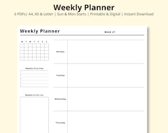 Weekly Planner, Week at a Glance, 7 Day Overview PDF, Monday to Sunday Tasks List, Productivity Planner, Printable/Digital, A4/A5/Letter