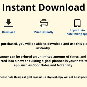 K&ouml;nnte beinhalten: Ein Bild mit dem Text "Sofort-Download". Symbole f&uuml;r Download, sofortiges Drucken und Import in eine Notiz-App werden angezeigt. Der Text erkl&auml;rt, dass der digitale Planer heruntergeladen, gedruckt und importiert werden kann.
