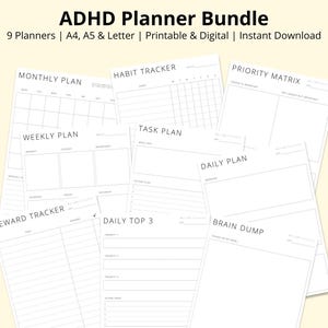 Może przedstawiać: Zestaw planerów ADHD zawierający dziewięć szablonów na białym papierze z czarnym tekstem. Arkusze obejmują układy Monthly Plan, Habit Tracker, Priority Matrix, Weekly Plan, Task Plan, Daily Plan, Reward Tracker, Daily Top 3 oraz Brain Dump.