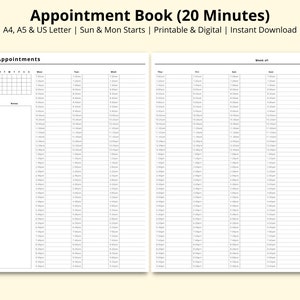 Appointment Book Printable, 20 Minute Interval Planner, Digital Appointment Sheet, Salon Appointment Diary, Weekly Schedule, A4/A5/Letter image 1