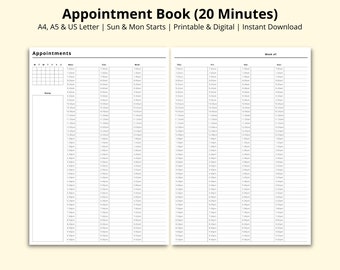Appointment Book, Printable/Digital Appointment Sheet, Appointment Diary PDF, 20 Minute Interval Planner, Weekly Schedule, A4/A5/Letter