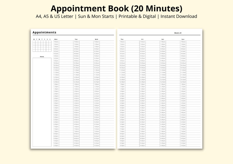 Appointment Book Printable, 20 Minute Interval Planner, Digital