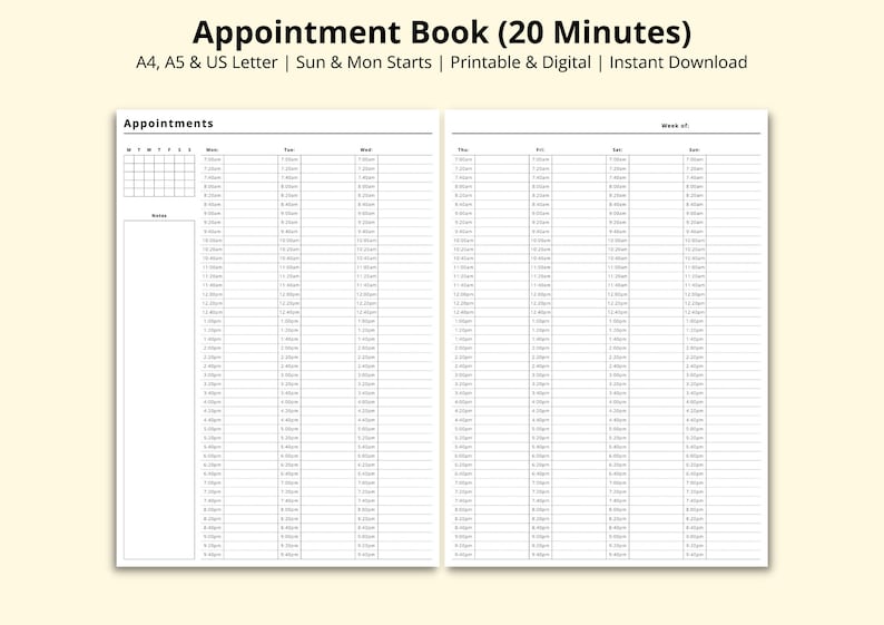 Appointment Book Printable, 20 Minute Interval Planner, Digital Appointment Sheet, Salon Appointment Diary, Weekly Schedule, A4/A5/Letter image 1