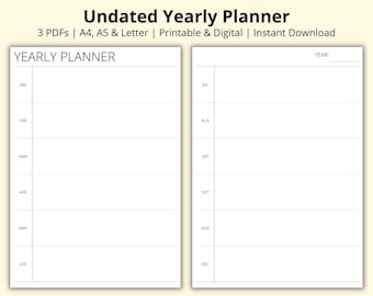 Planificador anual, Año en dos páginas, Resumen del año, Resumen anual, Plantilla de calendario anual sin fecha, Imprimible/Digital, A4/A5/Carta