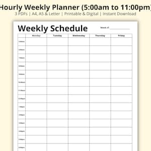May include: A black and white printable weekly planner with a grid layout. The planner is divided into columns for each day of the week, Monday through Friday. The planner is designed for hourly scheduling from 5:00 am to 11:00 pm. The text "Weekly Schedule" is at the top of the planner.