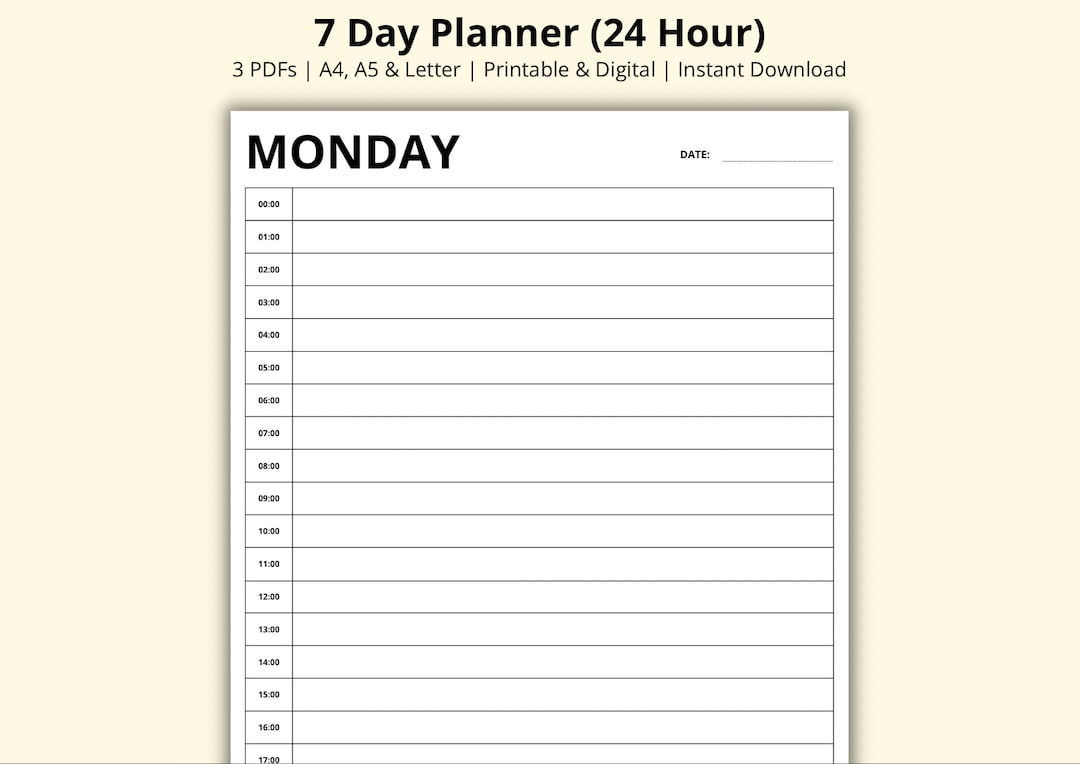 7 Day Planner, 24 Hour Time Block Daily Planner, Hourly Schedule ...