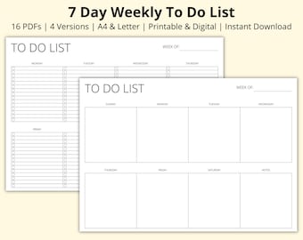 7 Day Weekly To Do List, Weekly Planner, Weekly Checklist, Task List, Time Management, Productivity Planner, Printable/Digital, A4/Letter