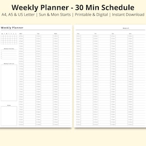 Horario semanal de 30 minutos, Hoja de horarios de 7 días, PDF de bloqueo de tiempo de 30 minutos, Planificador semanal, Lista de tareas, Imprimible/Digital, A4/A5/Carta