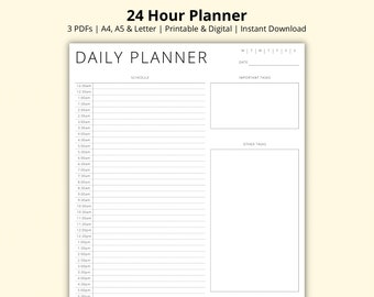 May include: A black and white daily planner with the text "DAILY PLANNER" at the top. The planner is divided into two sections: a schedule section with time slots from 12:00 AM to 5:00 PM, and a task section with headings for "Important Tasks" and "Other Tasks".