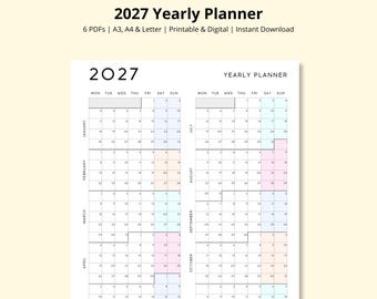 2027 Yearly Planner, Year at a Glance, Annual Calendar, 12 Month Calendar, Yearly Overview, Wall/Desk Calendar, Work Planner, A3/A4/Letter