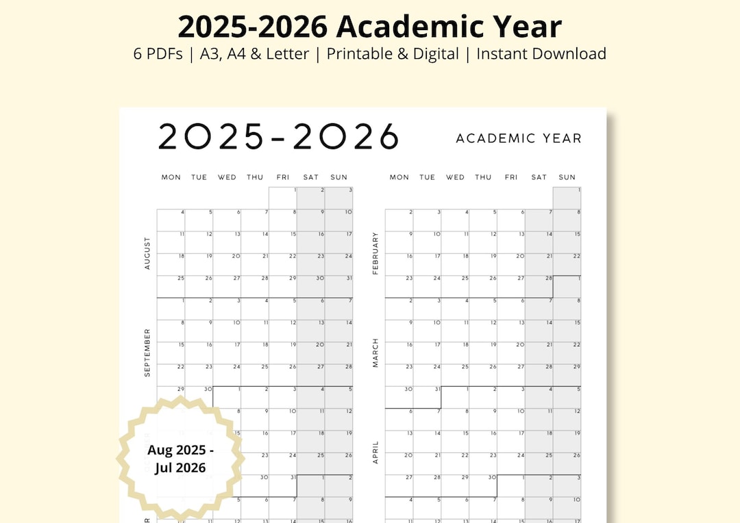 2025-2026 Academic Planner, Year at a Glance, Academic Year, 12 Month