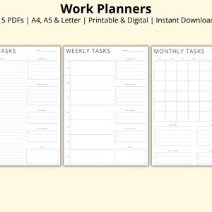 Work Planners, Daily Weekly & Monthly Planner Schedules, Work From Home Planner Template, Office Planner, Productivity Planner, A4/A5/Letter