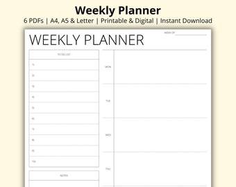 Weekly Planner, 7 Day Planner, Week at a Glance, Weekly Overview, Undated Schedule, Productivity Planner, Printable/Digital, A4/A5/Letter