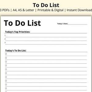 Puede incluir: Una lista de tareas imprimible con secciones para las principales prioridades del día y la lista de tareas del día. La lista tiene casillas de verificación y líneas para escribir.