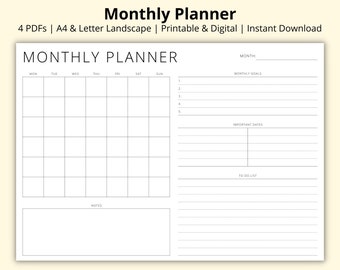 Monthly Planner, Calendar Template, Monthly Overview, Month at a Glance, Productivity Planner, Tasks List, Printable/Digital, A4/Letter