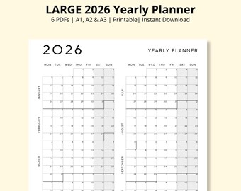 LARGE 2026 Yearly Planner, Year at a Glance, Annual Planner, 12 Month Calendar, Yearly Overview, Wall Calendar, Office Planner, A1/A2/A3