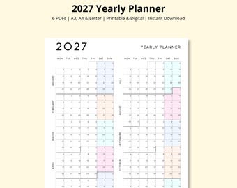 2027 Year Planner, Yearly Calendar, Year at a Glance, Annual Calendar, 12 Month Calendar, Yearly Overview, Wall/Desk Calendar, A3/A4/Letter