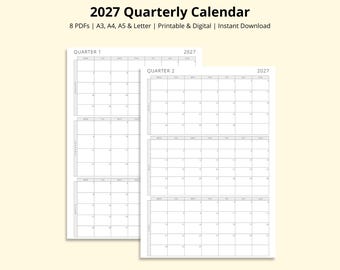 2027 Quarterly Calendar, 3 Months Per Page, 2027 Monthly Calendar, Monthly Overview, Yearly Planner, Printable/Digital PDF, A3/A4/A5/Letter
