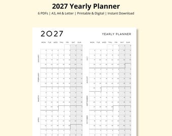 2027 Yearly Planner, Year at a Glance, Annual Planner, 12 Month Calendar, Yearly Overview, Wall/Desk Calendar, Office Planner, A3/A4/Letter