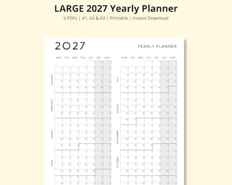 LARGE 2027 Yearly Planner, Year at a Glance, Annual Planner, 12 Month Calendar PDF, Yearly Overview, Wall Calendar, Office Planner, A1/A2/A3